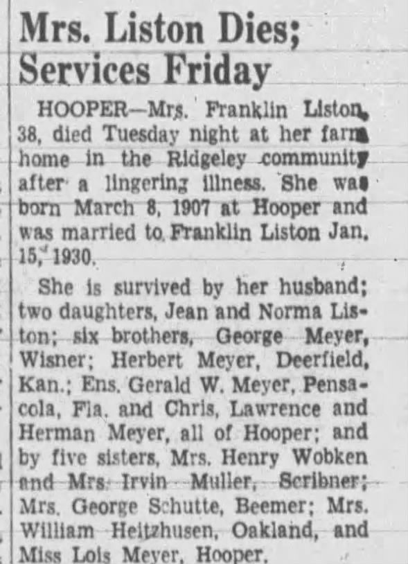 Fremont Tribune 5 Apr 1945 Alice Meyer Liston death